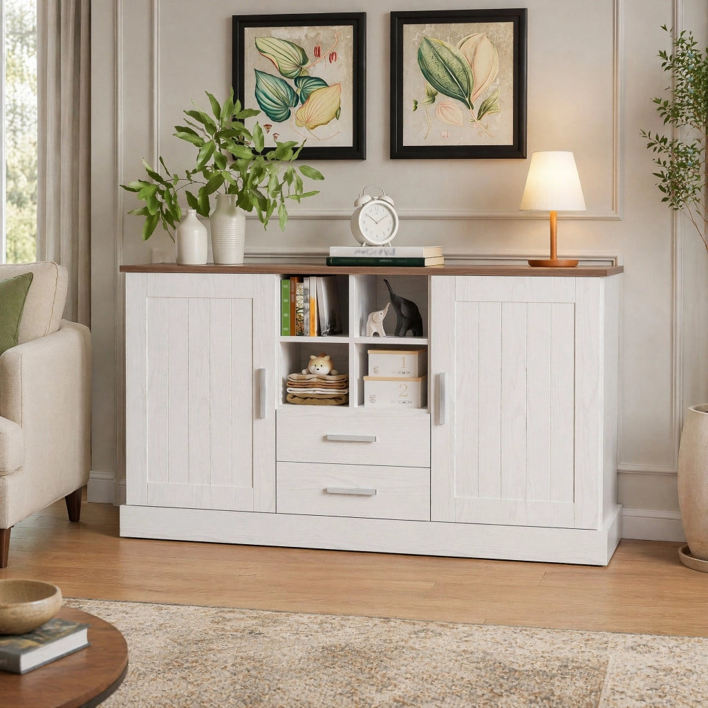 Credenza 2 ante 2 cassetti 4 vani aperti in pannello truciolare bianco e marrone effetto legno 140 × 40 × 79.5 cm