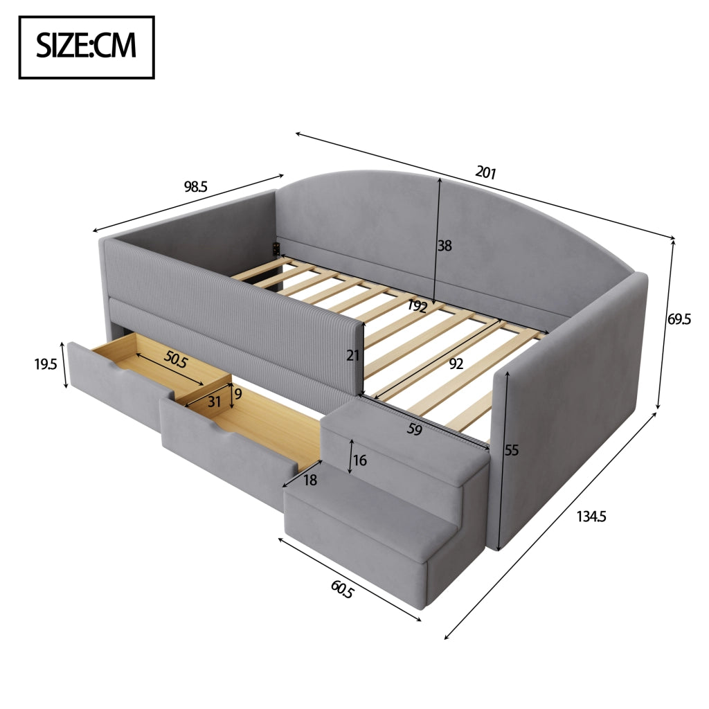 Letto per bambini 90 × 190 cm con 2 cassetti; barriere e gradini; senza materasso; imbottito grigio chiaro