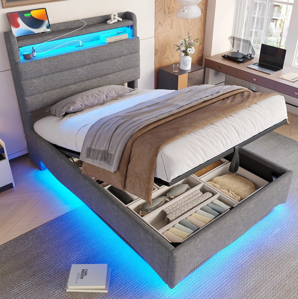 Letto imbottito con contenitore idraulico e LED 90x200 cm; lino grigio con USB e Type-C