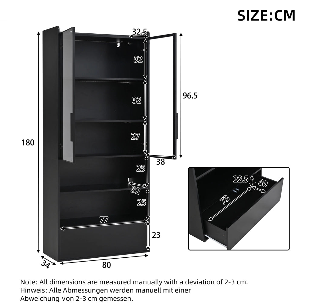 Vetrina Alta 80x34x180 cm con Vetro, 1 Cassetto e Illuminazione LED Controllabile via App, Nero