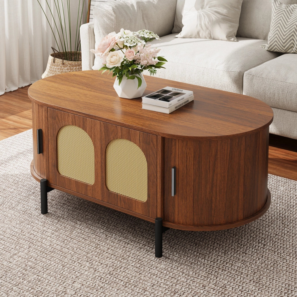 Tavolino basso fisso ovale con ante scorrevoli e anta in rattan MDF color noce con gambe in metallo 100 × 50 × 40 cm