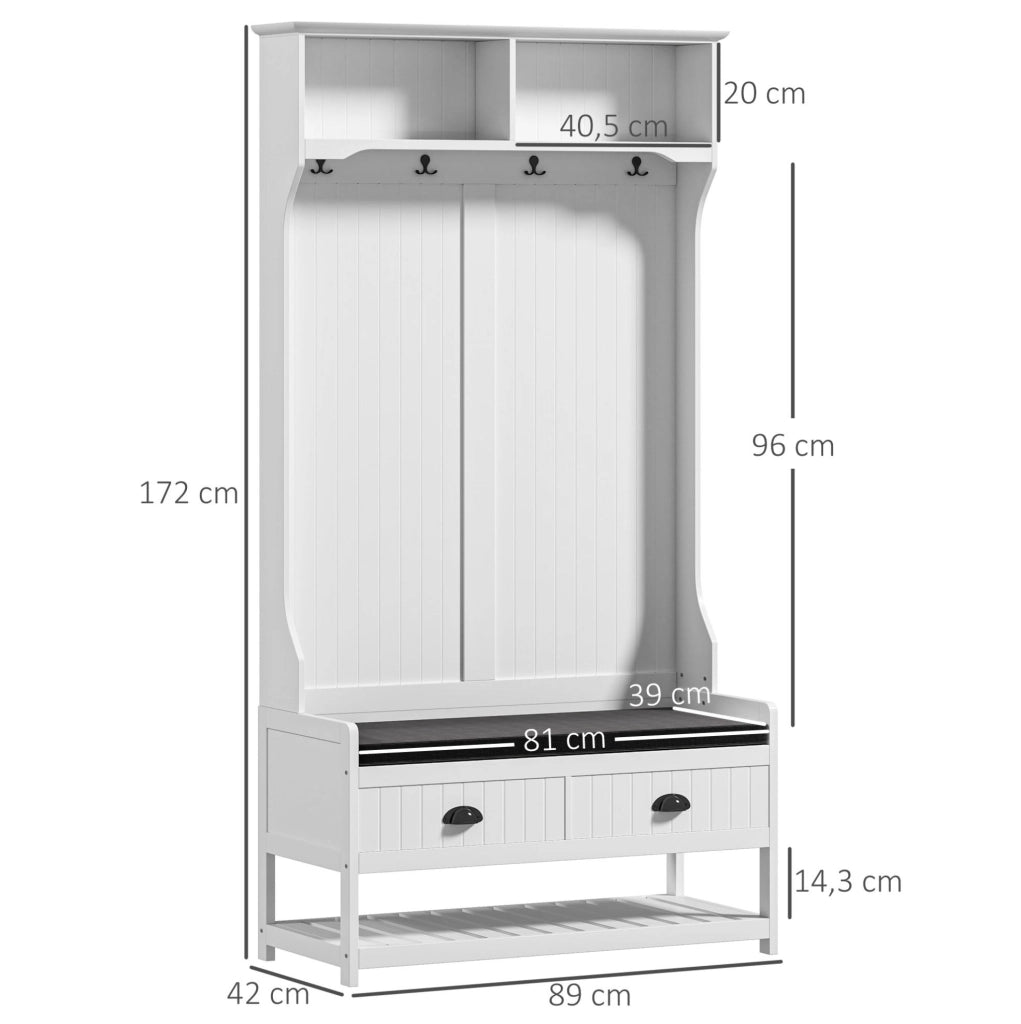 Appendiabiti ULEVR 89x42x172 cm con panca imbottita, cassetti e ripiani per scarpe, in MDF bianco