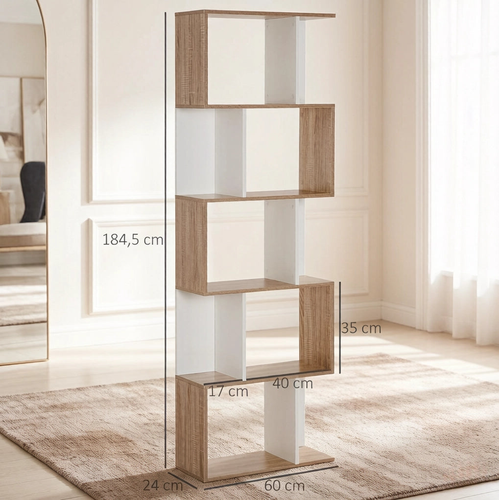 Libreria Moderna a Forma di S in Truciolato, 60x24x184,5 cm, Colore Rovere e Bianco
