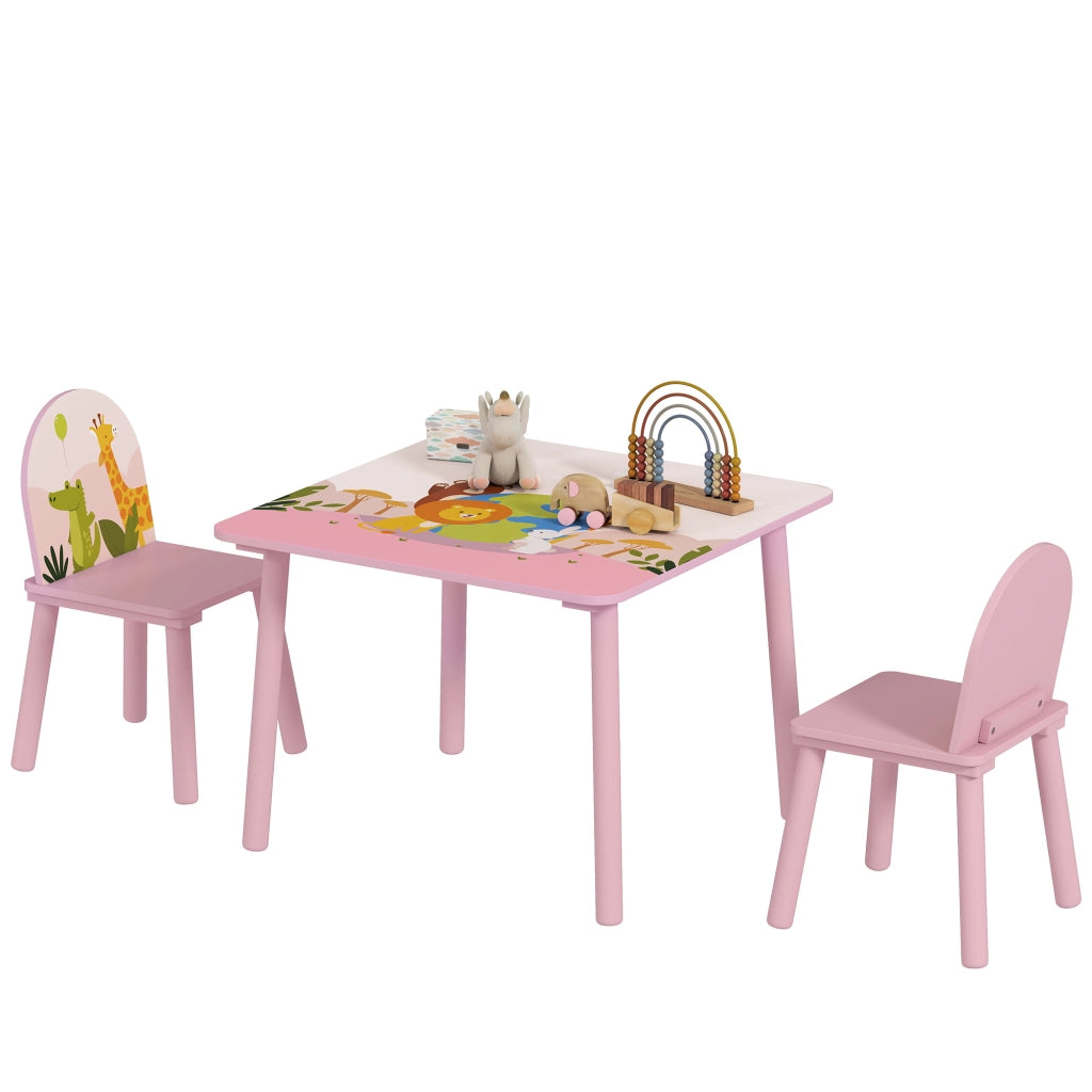 Set 3 Pezzi Tavolo e Sedie per Bambini 3-8 Anni in MDF e Legno di Pino Rosa con Motivi Animali Bordi Arrotondati Robusto Facile da Montare