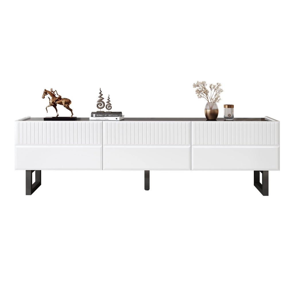 Mobile TV con cassetti; gambe in ferro e piano lucido in MDF e pannello truciolare nero e bianco 170 × 35 × 47 cm