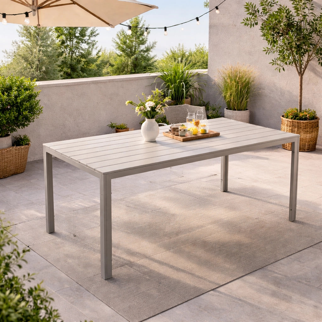 Tavolo da Esterno 6/8 Posti in Acciaio Inox e HDPE Effetto Legno – Tavolo Giardino Grande Resistente a Pioggia, UV e Ruggine, Design Moderno per Terrazzo e Patio 154x78 cm  Beige