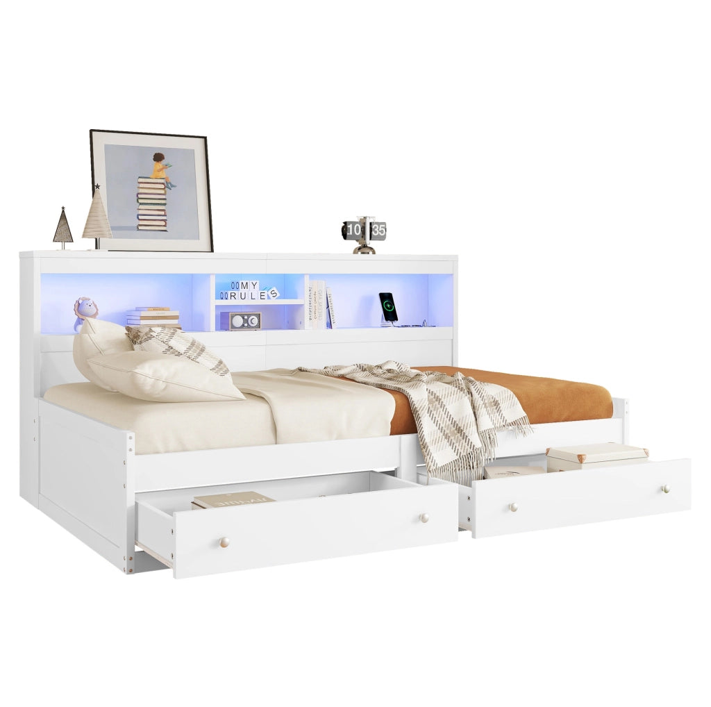 Letto giorno bianco 90x200 cm con divano letto, 2 USB, luce d'ambiente e due cassetti, struttura in truciolato e MDF