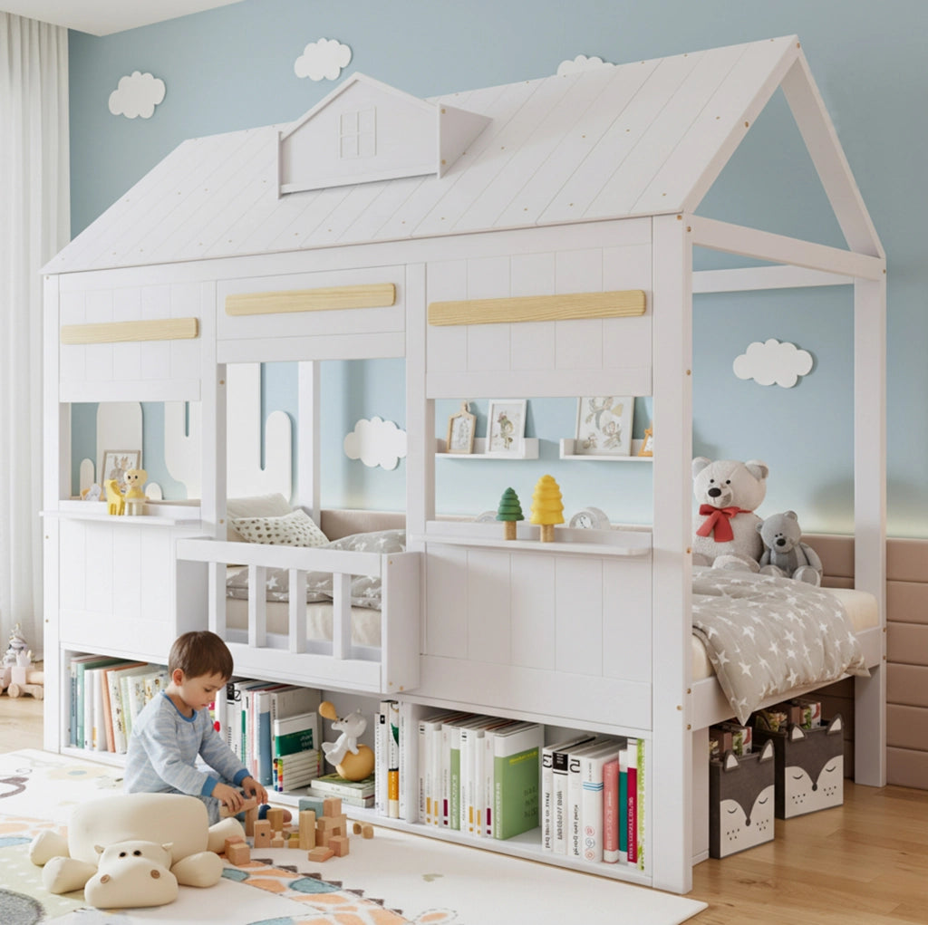Letto a soppalco per bambini con design a casetta e libreria integrata