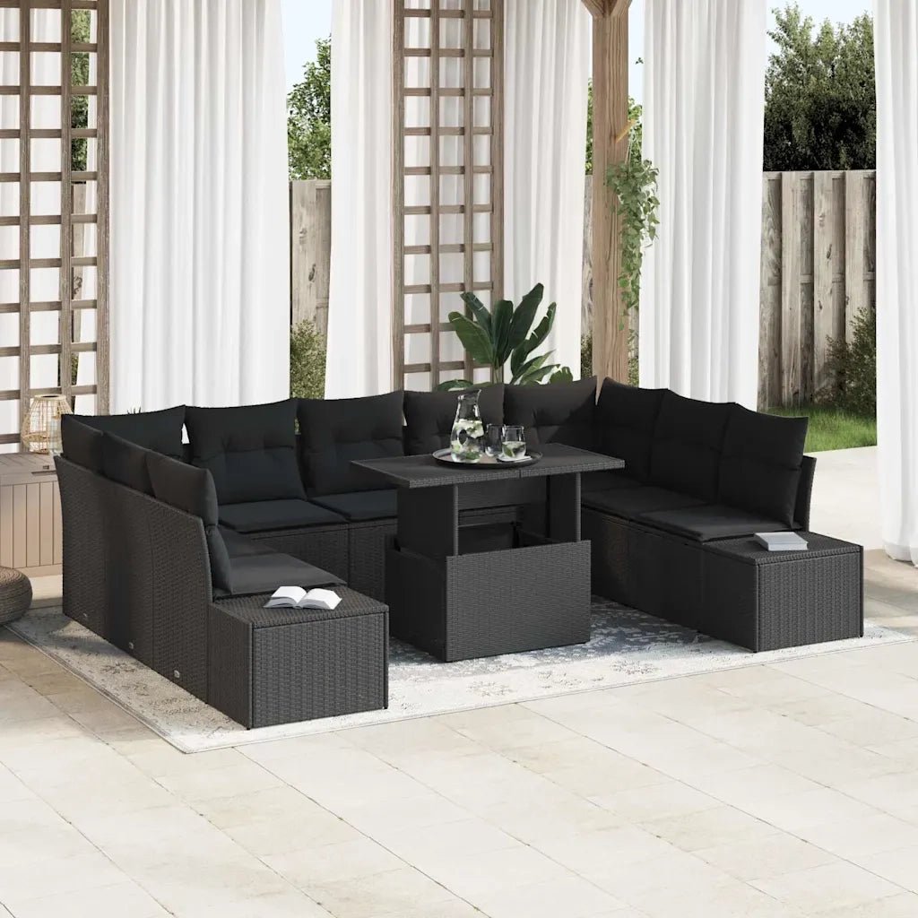 Set Divano da Giardino con cuscino 10 pcs Nero polyrattan
