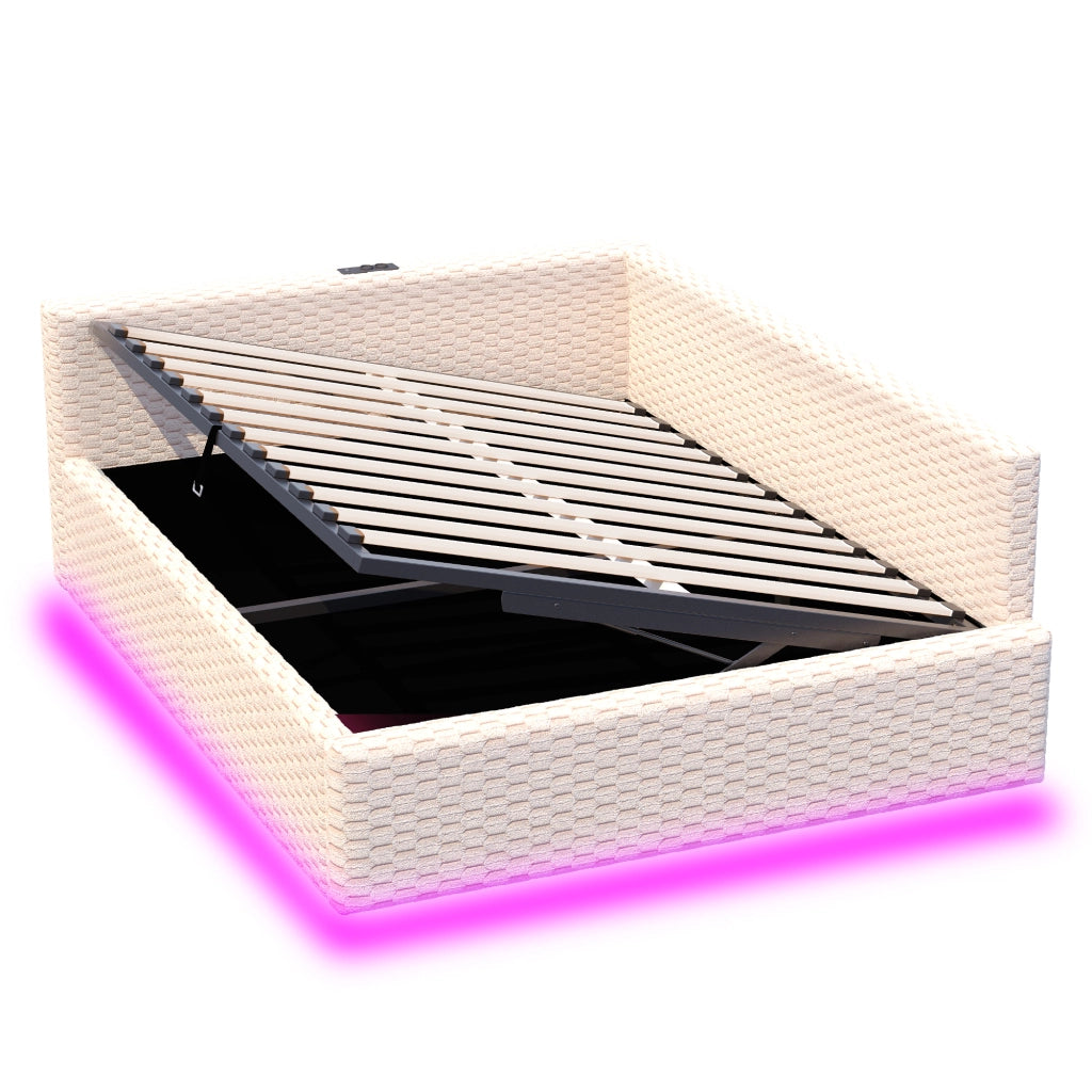 Letto imbottito 140x200 cm con vano contenitore; LED; USB e Type-C; velluto beige