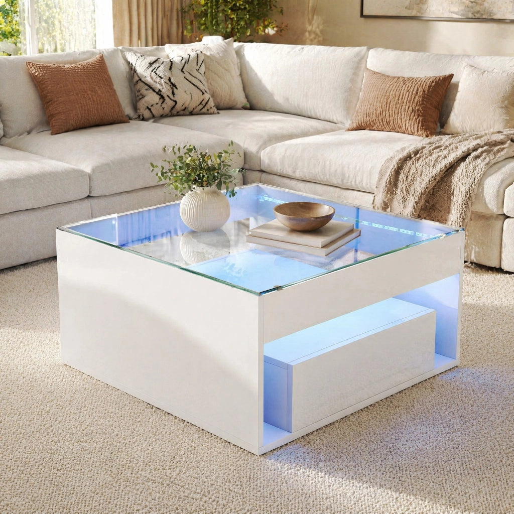 Tavolino da salotto 70x70 cm con 2 cassetti; LED e piano in vetro temperato bianco HOMVRA
