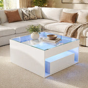 Tavolino da salotto 70x70 cm con 2 cassetti; LED e piano in vetro temperato bianco HOMVRA