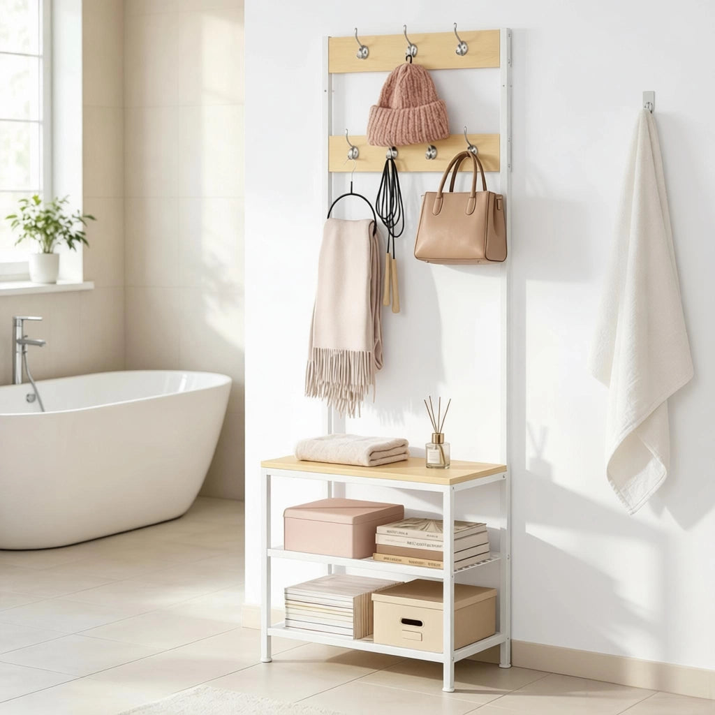 Mobile da ingresso con 7 ganci doppi, panca e 2 ripiani per scarpe, in metallo e legno, bianco, 60 × 31,5 × 170 cm