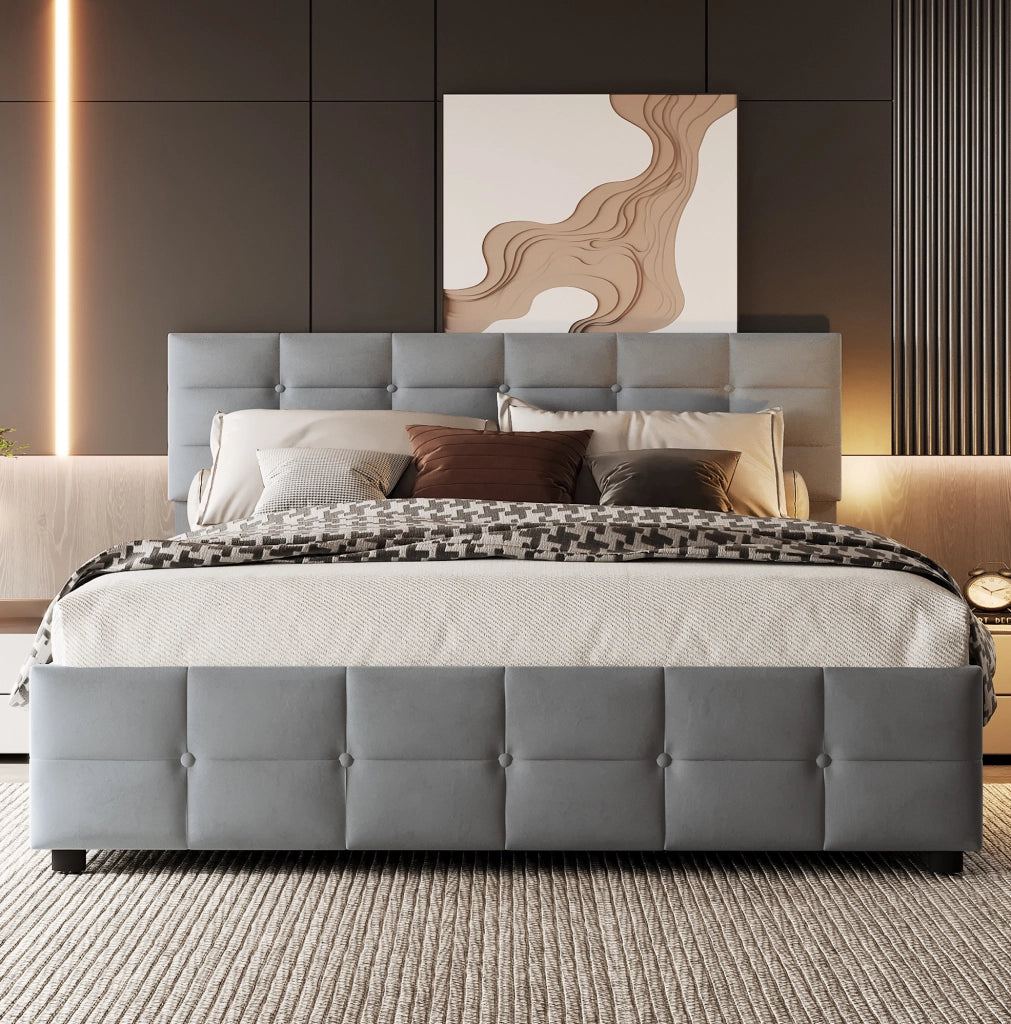Letto imbottito 180x200 cm con rete a doghe e sollevamento idraulico, rivestimento in velluto olandese grigio