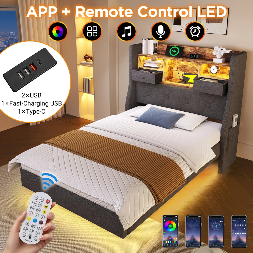 Letto singolo 90 × 200 cm 1 posto con LED regolabile; testiera contenitore; 3 USB e Type-C; senza materasso; grigio