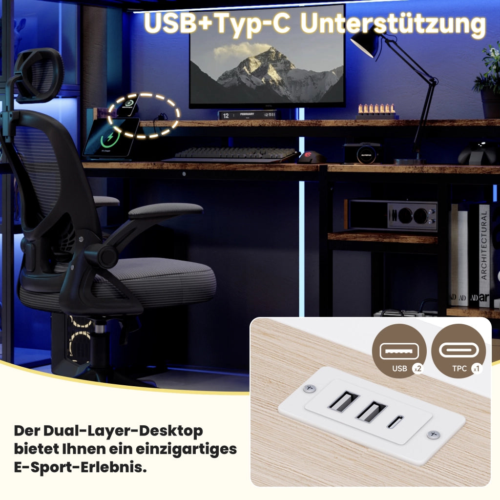 Letto a soppalco 90 × 200 cm in metallo e MDF nero con armadio a scala LED USB e USB-C