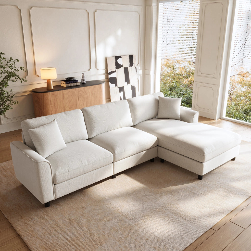 Divano angolare beige a 3 posti con chaise longue reversibile 90 cm in ciniglia