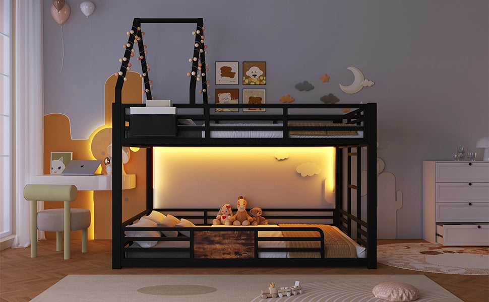 Letto a castello 140 × 200 cm con LED multicolore, tasche in tessuto e barriera, senza materasso, nero