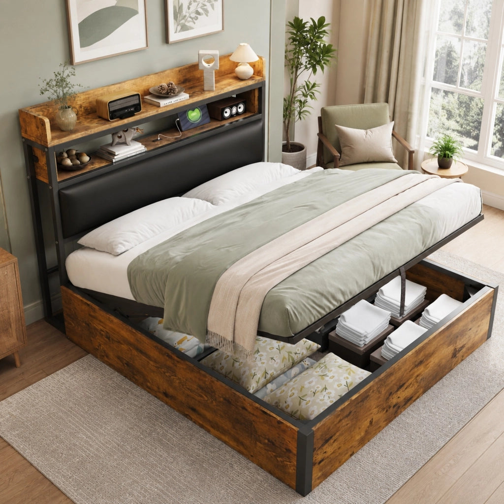 Letto contenitore 140x200 cm con USB e testiera con vano; nero