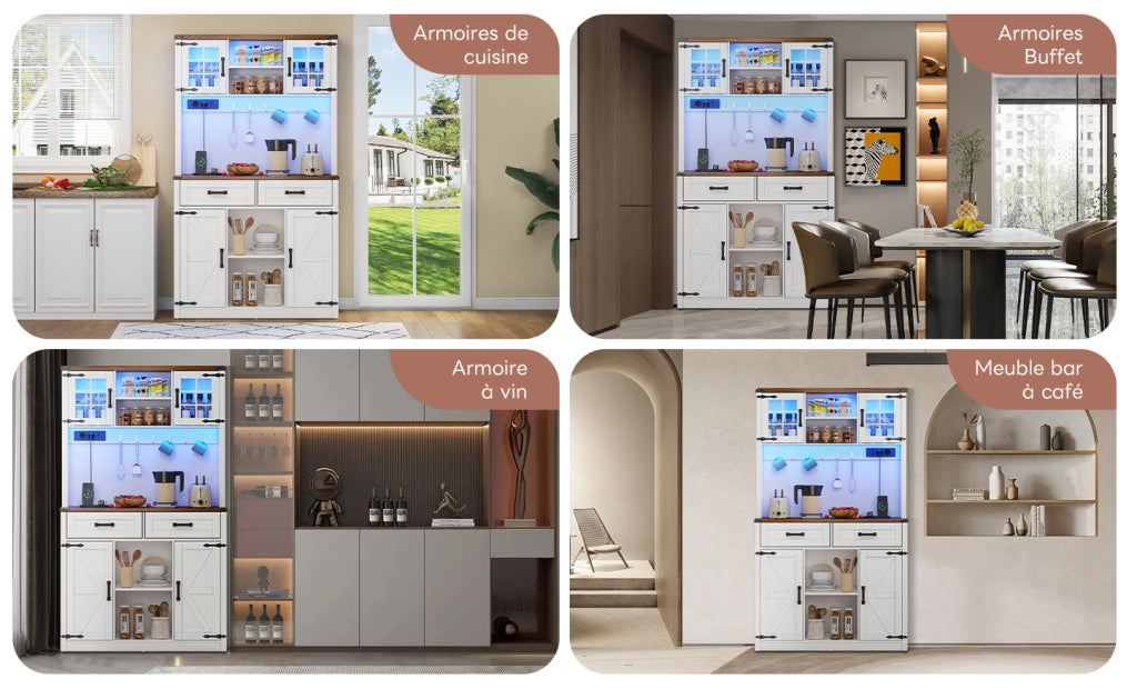 Mobile bar rustico con illuminazione LED regolabile, 2 ampi cassetti e ripiani regolabili, buffet da cucina bianco con design a porta da fienile