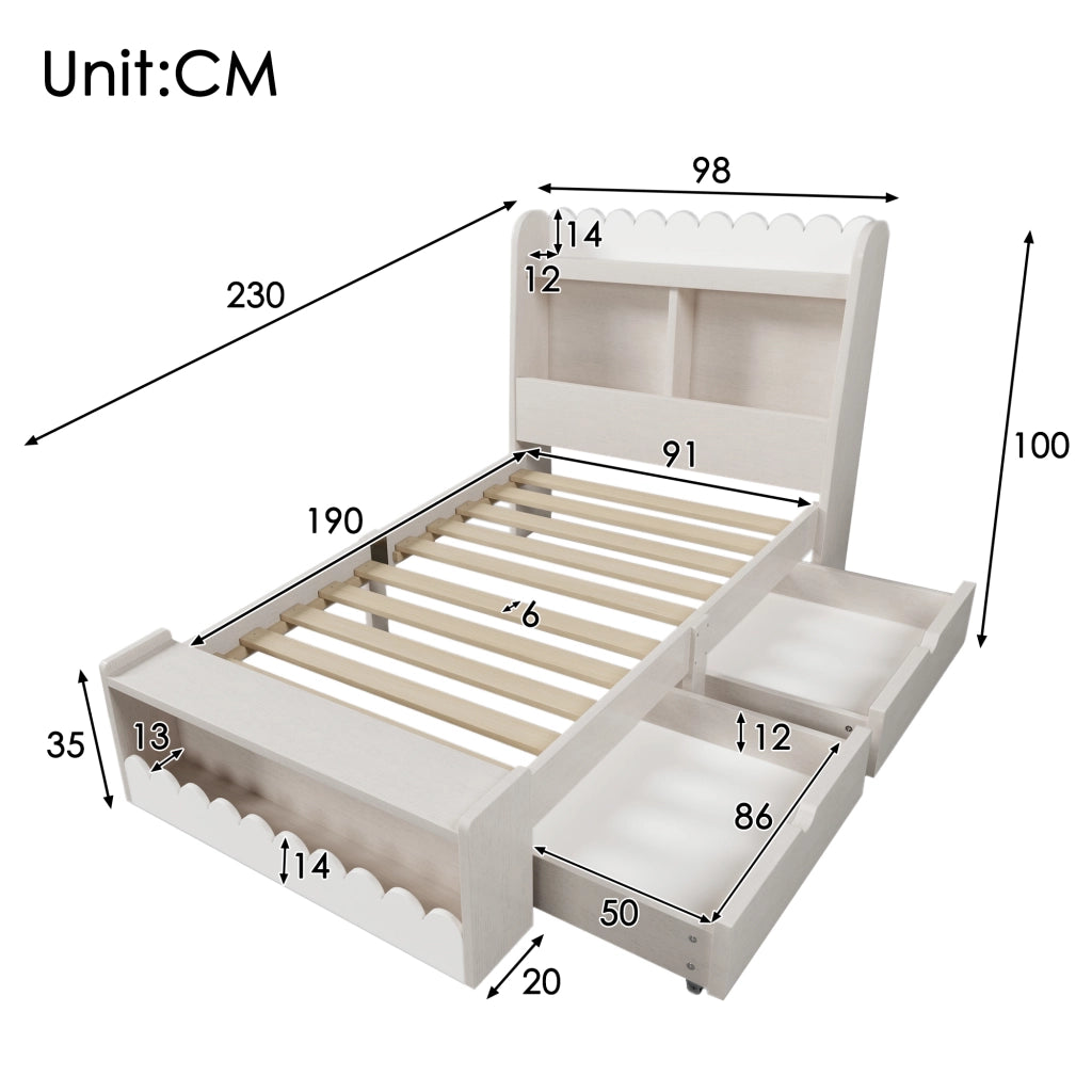 Letto singolo per bambini 90x190 cm con 2 cassetti; mensola e panca contenitore; telaio e rete in legno; bianco e rovere