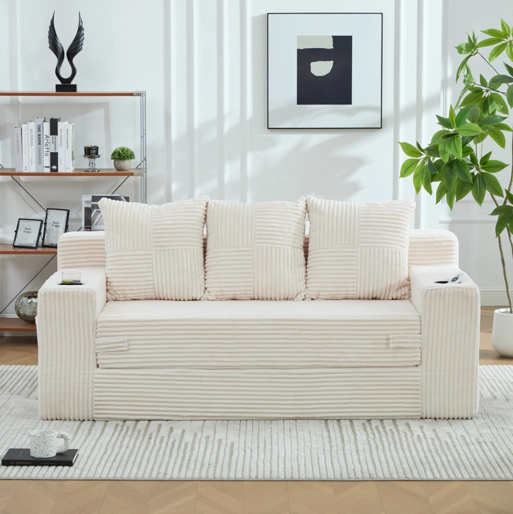 Divano modulare 2 posti 172x87x64 cm in velluto a coste beige con portabevande