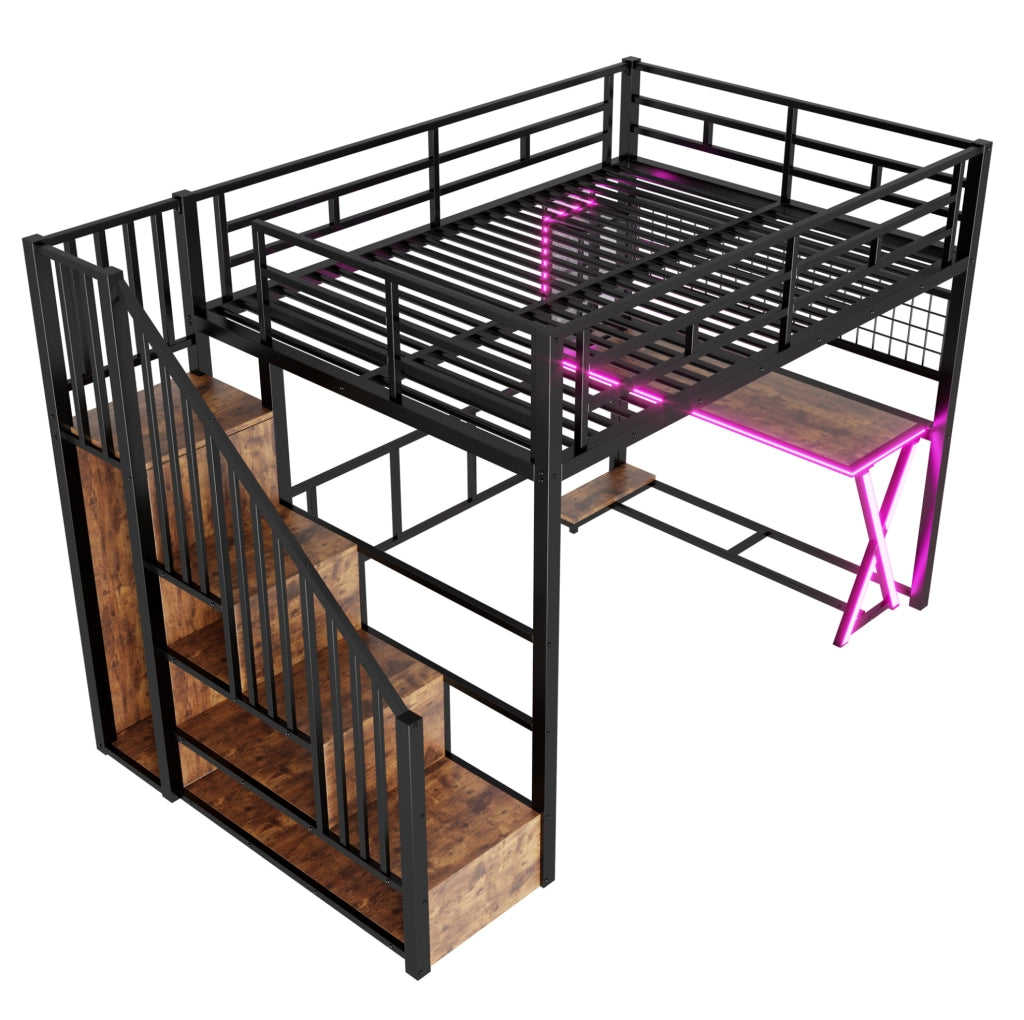 Letto a soppalco 140x200 cm con scrivania, armadio, scala contenitore e LED in metallo e MDF nero