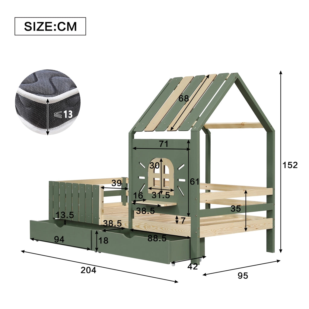 Letto a casetta per bambini 90x200 cm in pino e MDF; verde e naturale; con 2 cassetti; tetto e finestra per cameretta