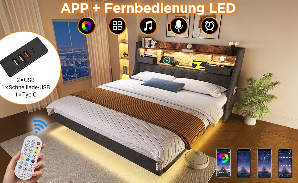Letto imbottito 140x190 cm con illuminazione LED, testiera con porta USB e Type-C, design moderno con piano a doghe, rivestimento in lino grigio (senza materasso)
