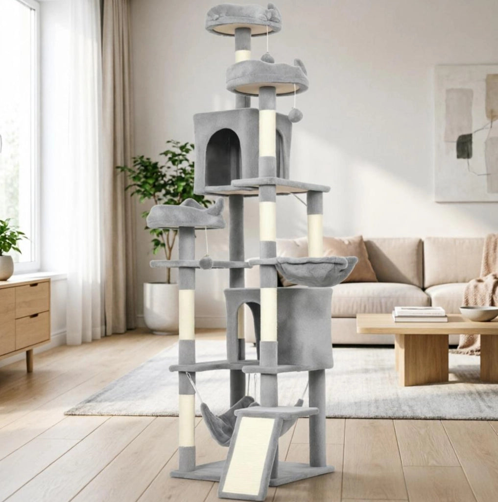ALBERO per Gatti 192 cm Grigio con Piattaforme, Nicchie e Amache