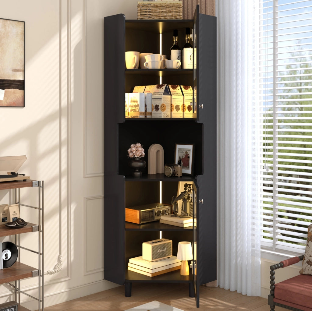 Mobile ad angolo nero con LED e 2 ante; MDF; 63;5 x 157;5 cm