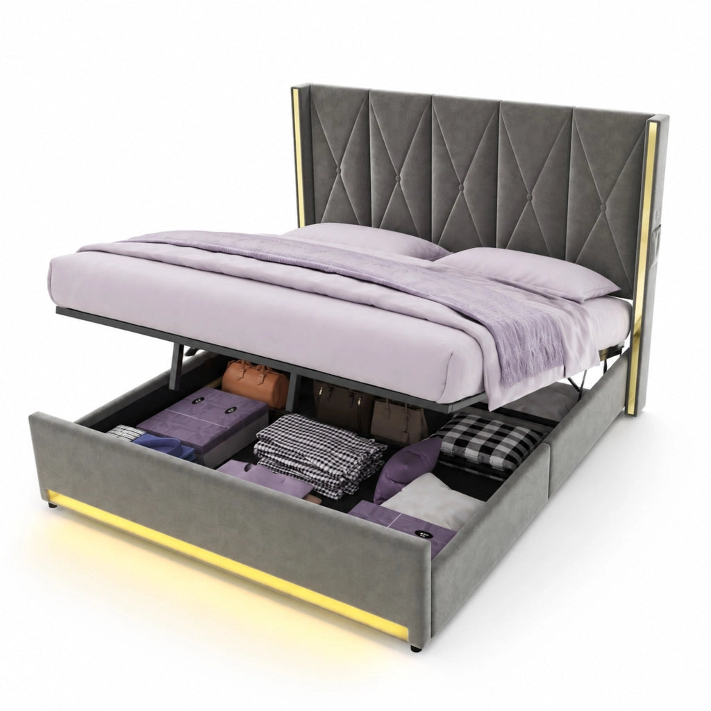 Letto contenitore in velluto grigio scuro 180x200 cm con LED, USB e Type-C
