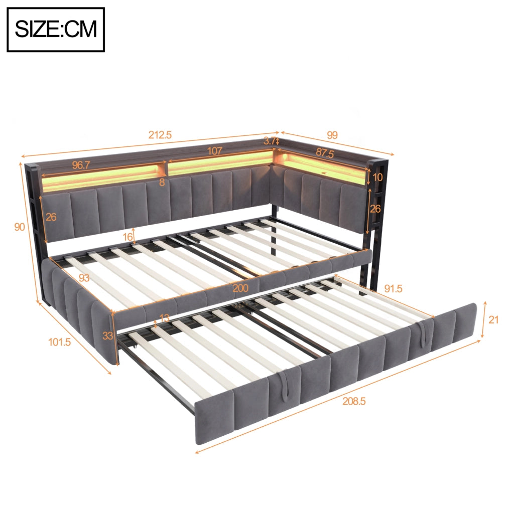 Divano letto estraibile 90x200 cm con LED, USB e USB-C in velluto
