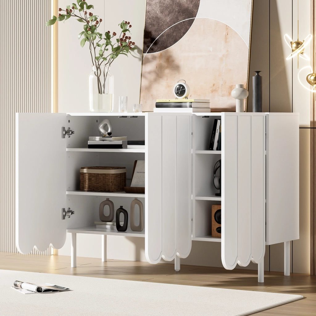 Madia bianca in MDF con ante ondulate; ripiani regolabili e apertura a pressione; 120 x 35 x 80 cm
