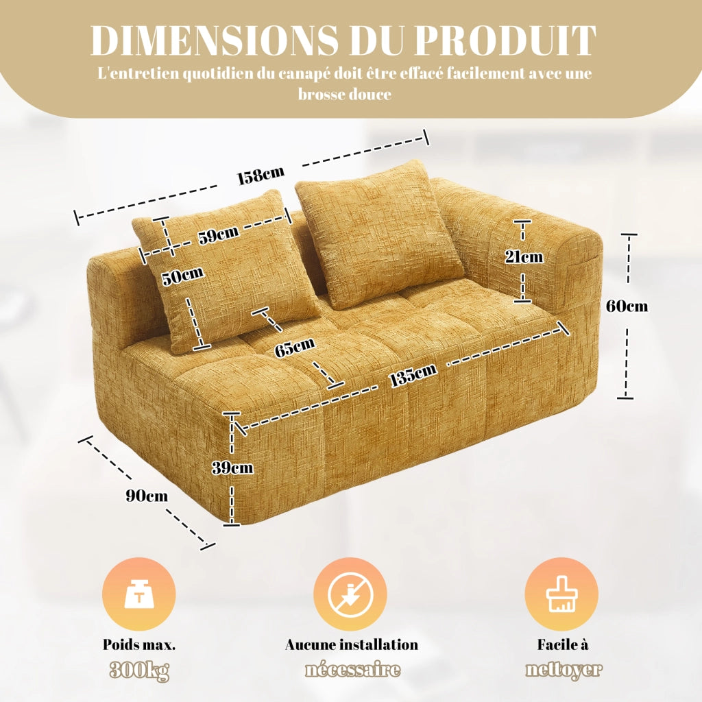 Divano con chaise longue 158x90x60 cm in ciniglia gialla con tasche laterali e cuscino