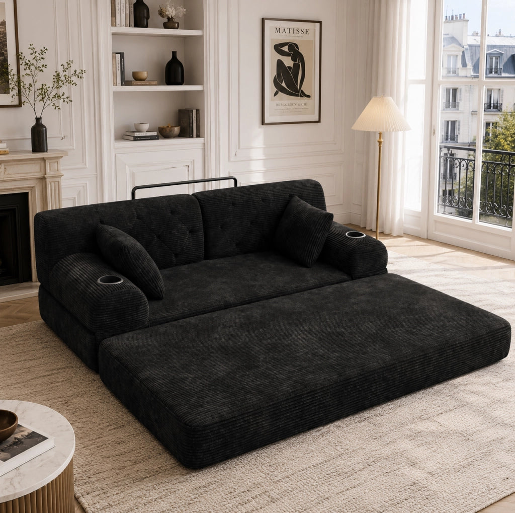 Divano letto 3 posti con rivestimento in velluto a coste, schienale alto, struttura in metallo, 2 portabicchieri e 4 tasche laterali, nero