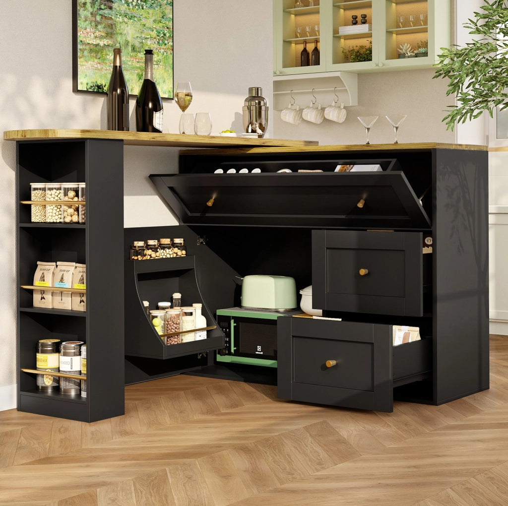 Tavolo bar estensibile con contenitore e piano girevole 360° nero
