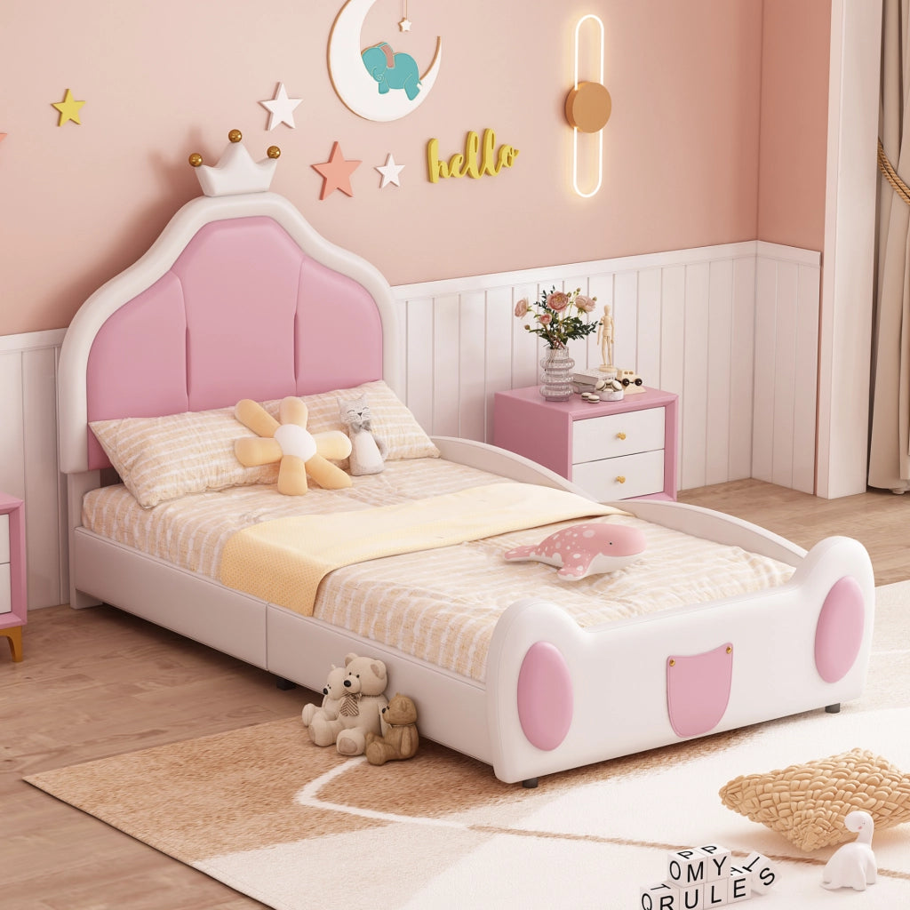 Letto singolo 90 × 200 cm imbottito con testiera a corona in similpelle bianca e rosa con rete a doghe
