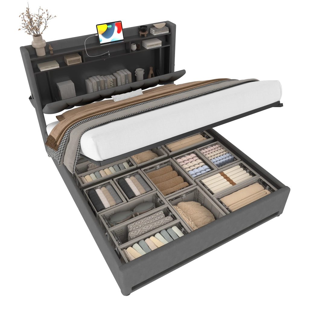 Letto 140x200 cm con contenitore idraulico, LED, USB e USB-C in velluto grigio scuro