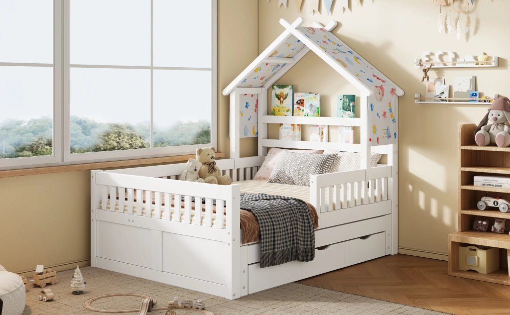 Letto a piattaforma in legno forma casa 140x200 cm, bianco, con letto estraibile, 3 cassetti e sponde di sicurezza