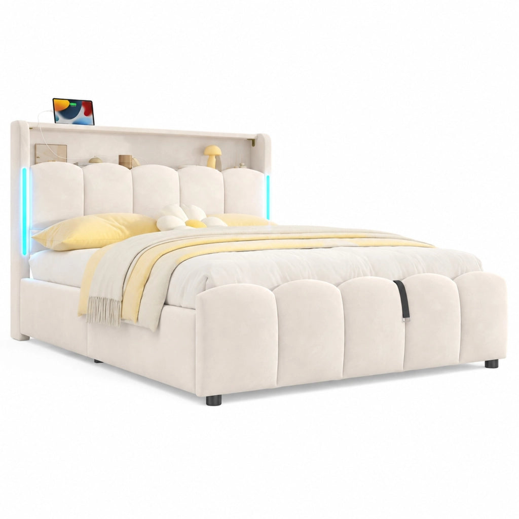 Letto matrimoniale imbottito 140x200 cm in velluto beige con LED; contenitore e porte USB Type-C
