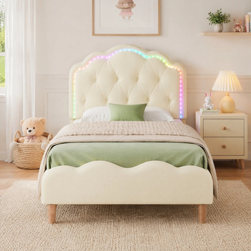 Letto singolo 90 × 200 cm con testiera ondulata imbottita; LED multicolore e rete a doghe in PU beige