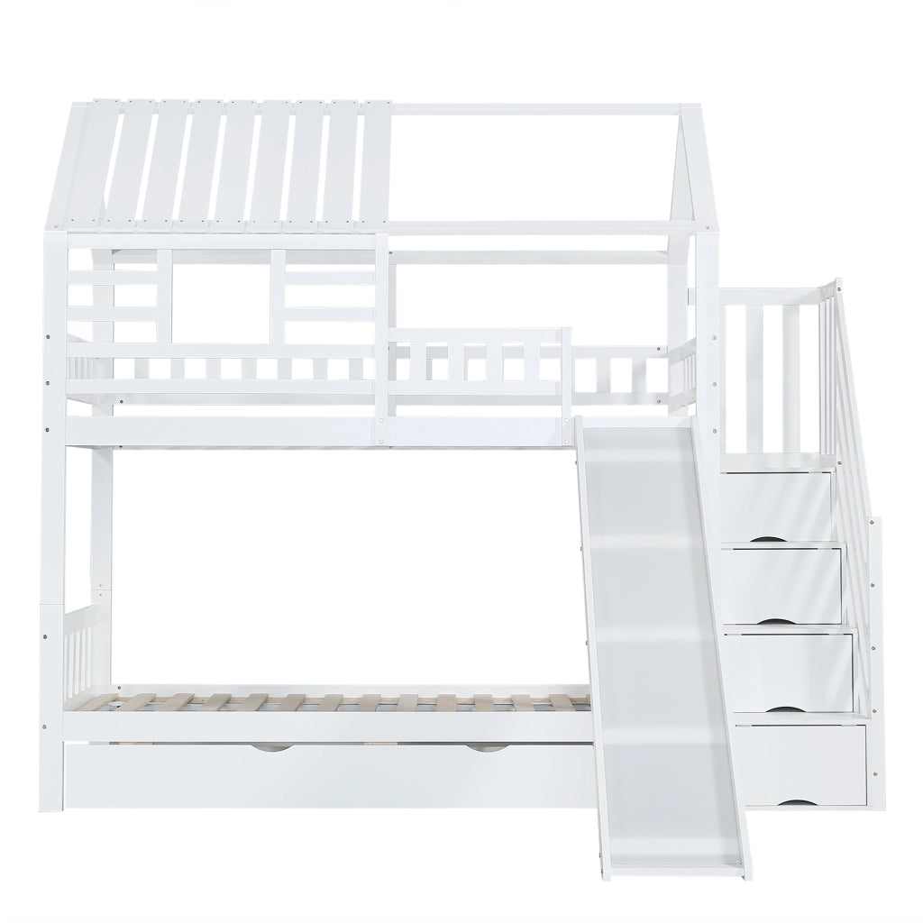 Letto a castello 2 posti 90 × 200 cm con scala contenitore, scivolo e cassetti, senza materasso, bianco