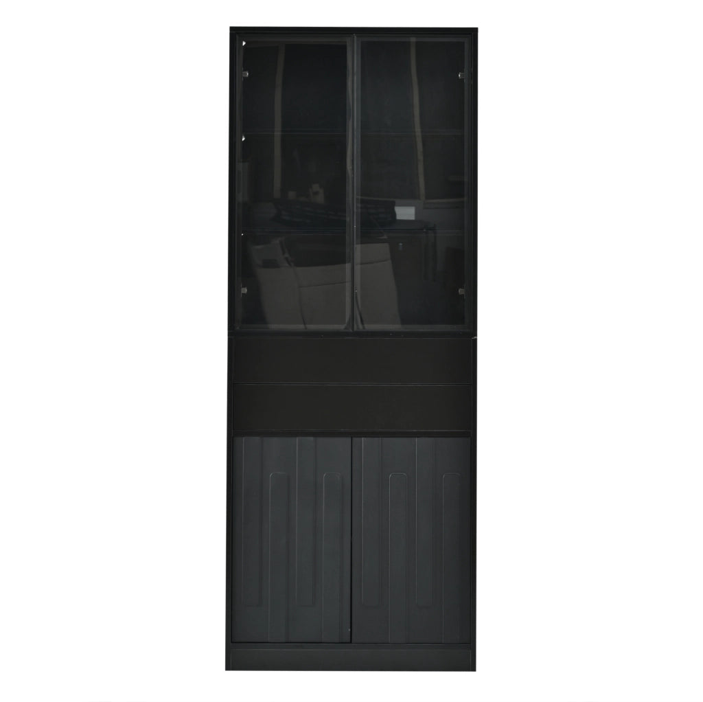 Set di 2 Vetrine Nero 70×34×180 cm in Truciolato con 2 Ante in Vetro, 2 Cassetti e Illuminazione LED Bluetooth