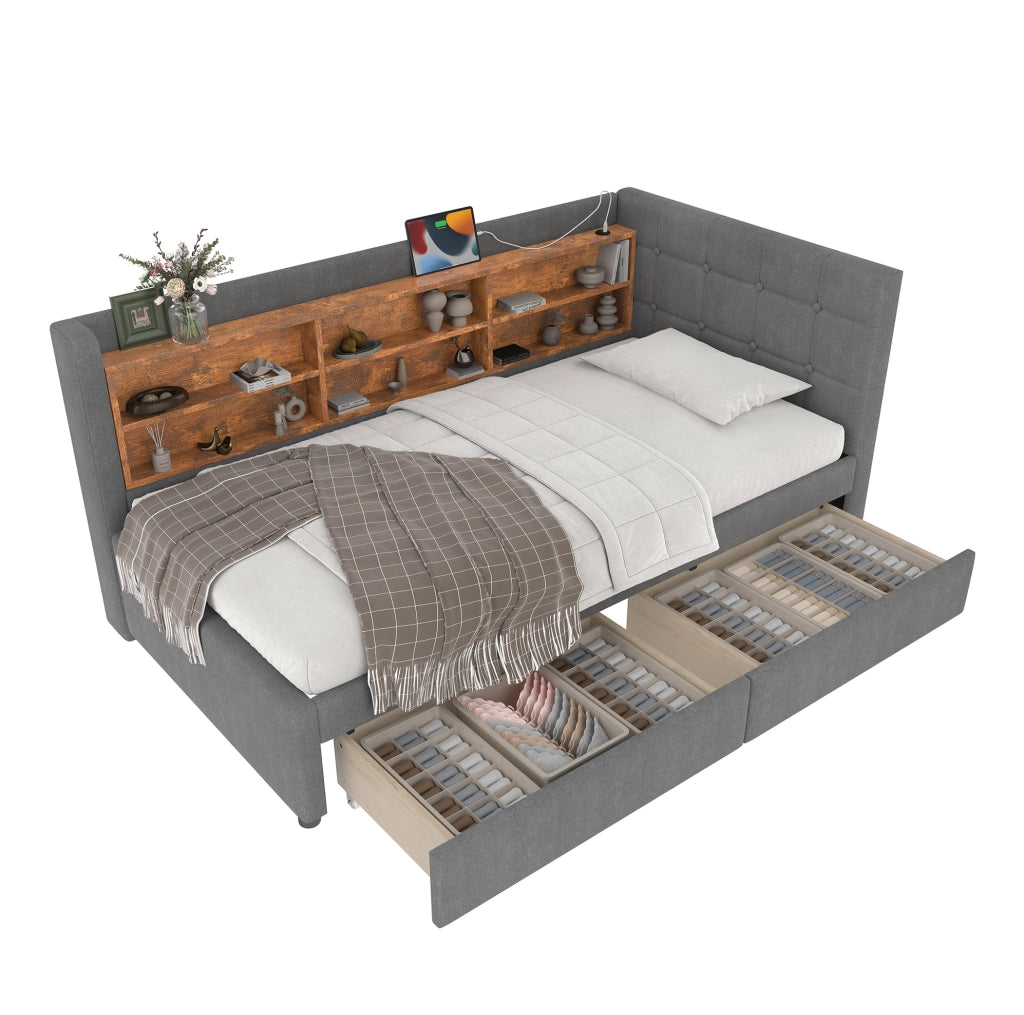 Letto 90x200 cm con 2 cassetti e USB; Type C in lino