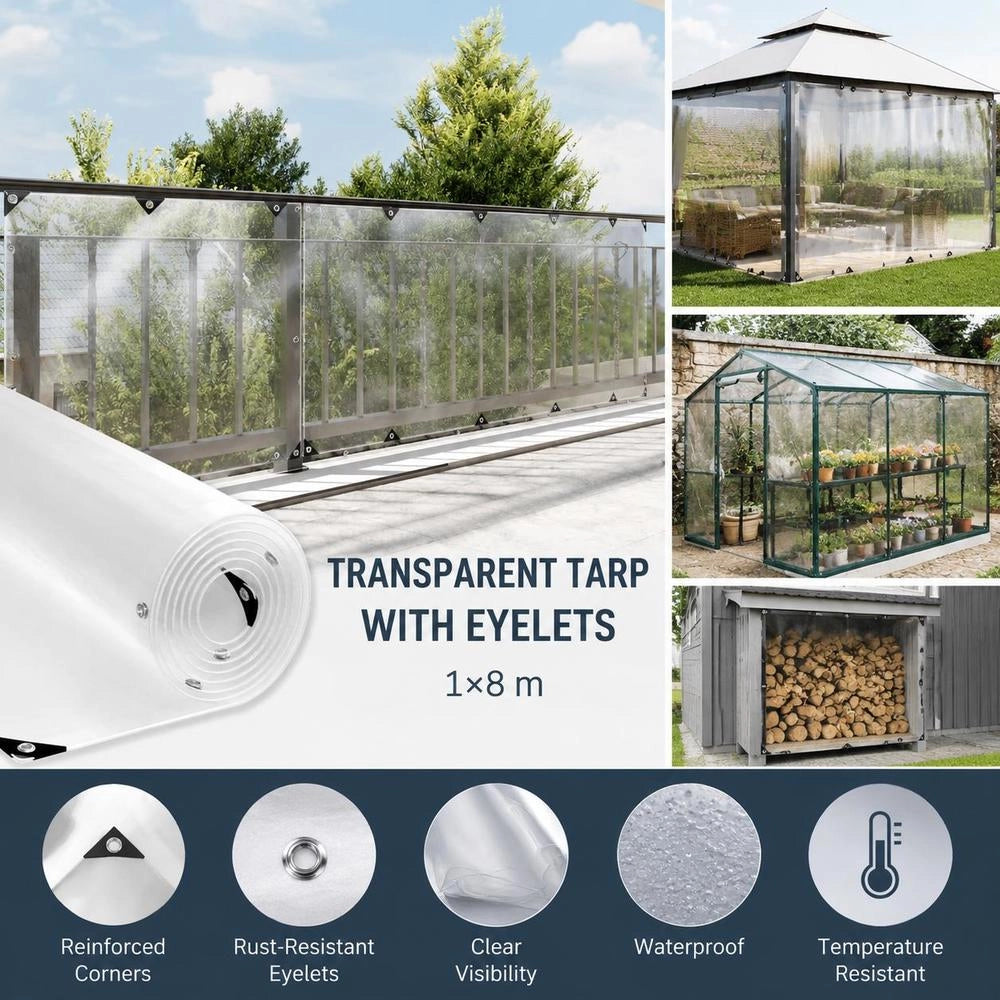 Telo trasparente con occhielli, 1x8 m, in PVC, lungo e resistente, ideale per coperture esterne, giardino e balcone