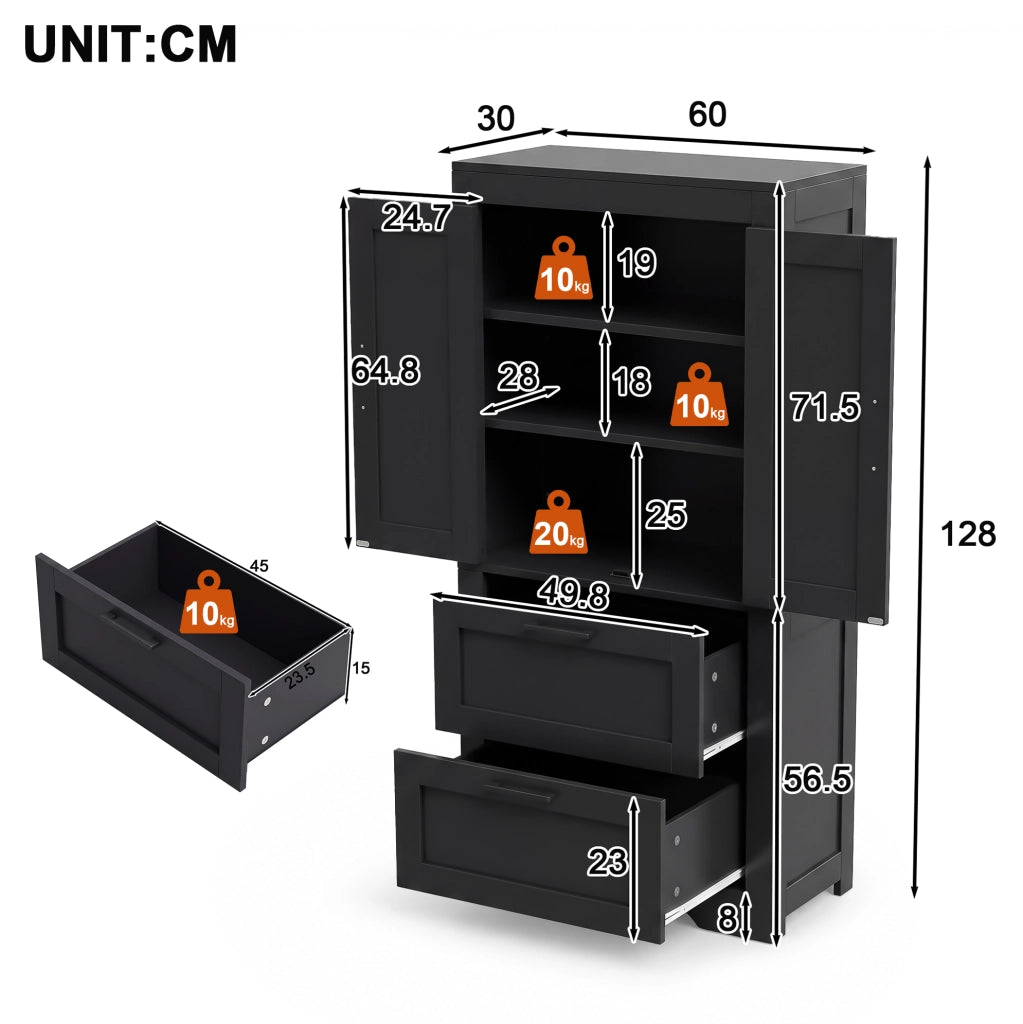 Credenza alta nera in MDF e PB con 2 cassetti e ripiani regolabili