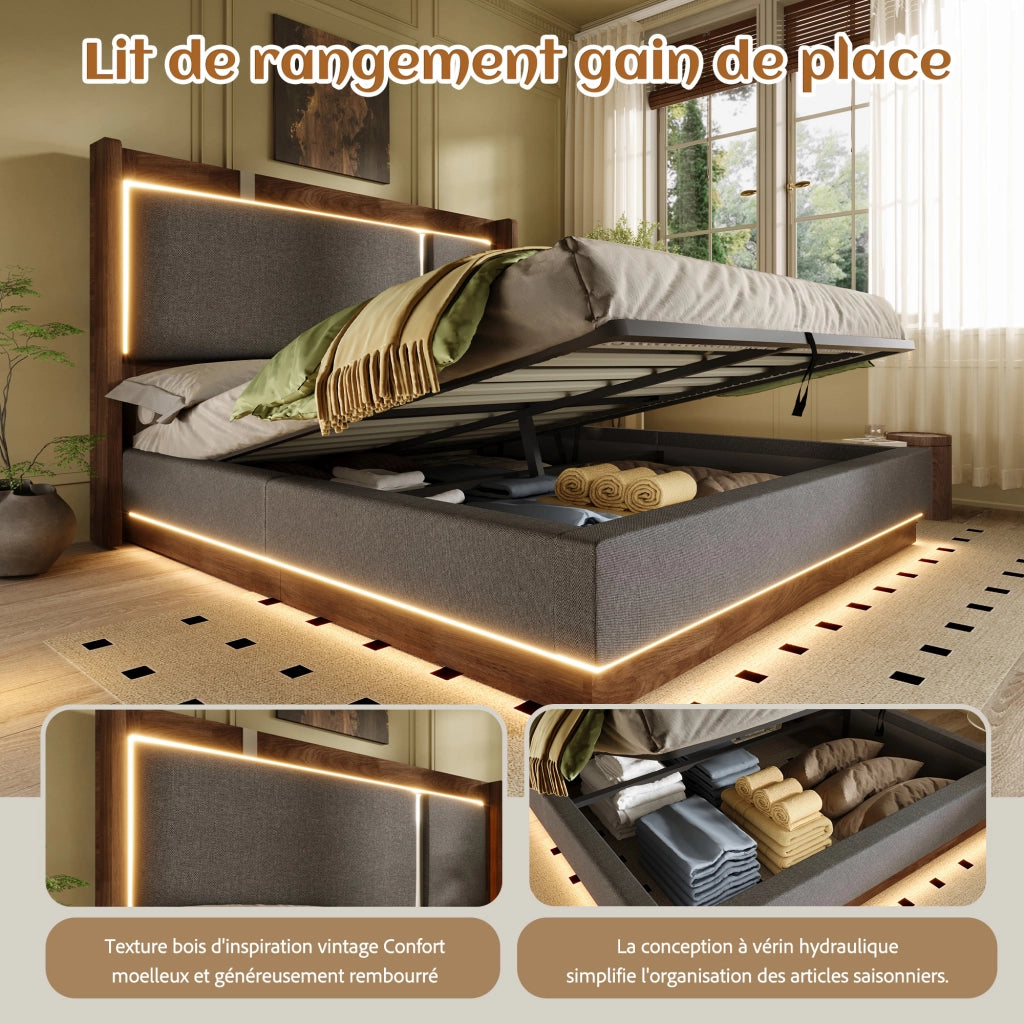 Letto Matrimoniale Contenitore 140x190 cm Imbottito con LED; senza materasso; Lino; Grigio