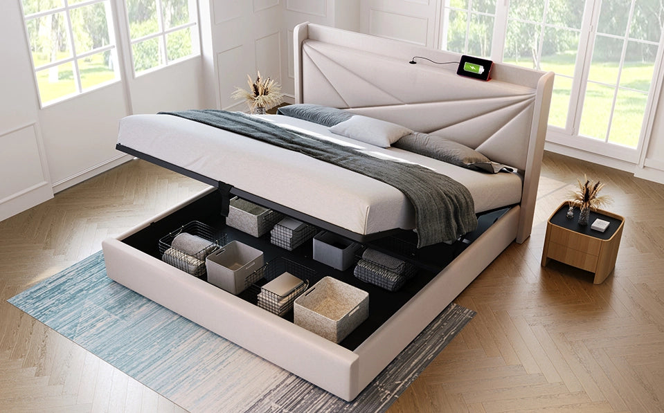 Letto matrimoniale con contenitore 160x200 cm con pannello imbottito, funzione di ricarica USB Tipo C e rete a doghe, struttura in lino senza materasso