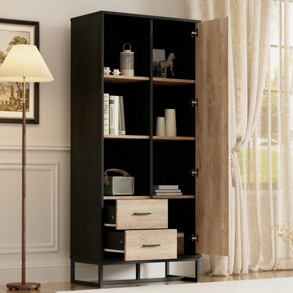 Credenza e madia con 1 anta, 2 cassetti e 3 vani aperti per soggiorno e ufficio, MDF nero e legno, 80 × 40 × 180 cm